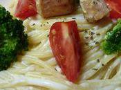 Spaghettis sauce fromagère, saumon petits légumes