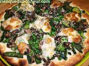 pizza blanche asperges, pois gourmands, petits pois, champignons mozzarella