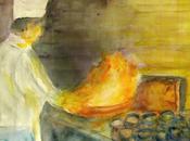 Cuisine, cuisinier, flambage, flammes, cuisine poêle lorsque l’aquarelle l’eau bouche