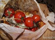 Papillote cabillaud thym-romarin, tomates grappe figues rôties beurre salé.