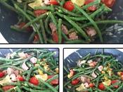 Salade haricot vert, tomates, œufs dur, saucisses herbes concombre